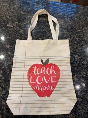 Canvas Apple Print Tote Bag - Teach Love Inspire - Cream/Red